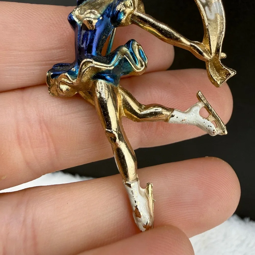 Vintage Ice Capades Brooch Gold Blue Enamel Figure Skater Banner Pin